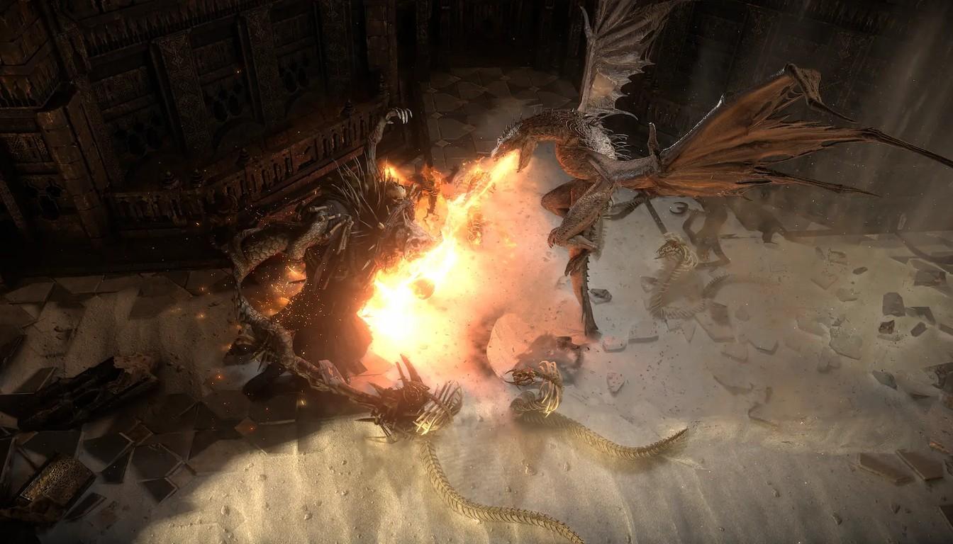 A fiery blast and a winged creature on a sandy ground