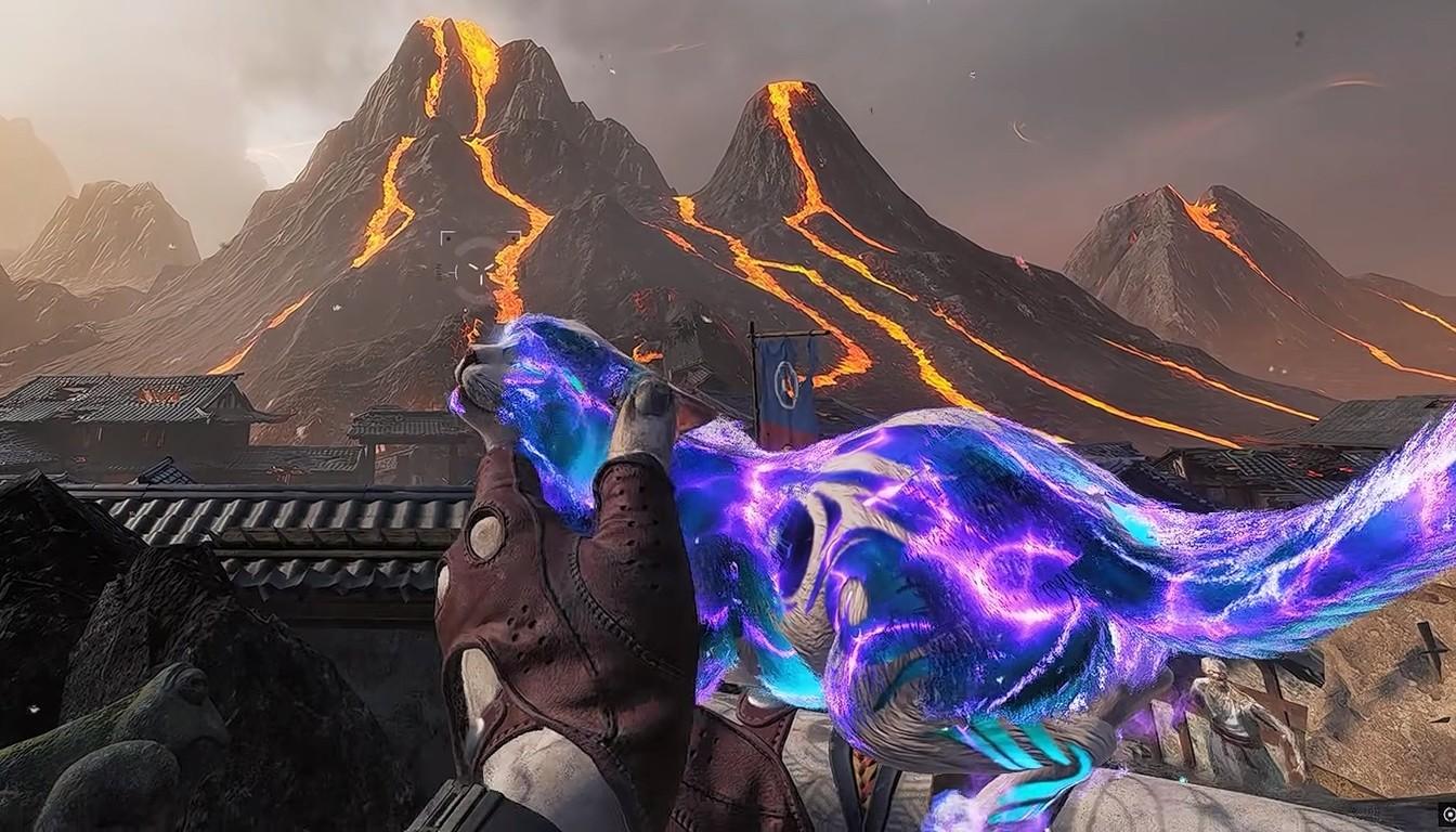 A glowing purple cat-shaped weapon in the player's hands before the volcanoes