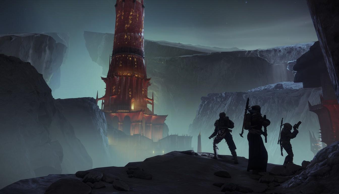 Three Guardians on a lunar ridge looking at the Scarlet Keep tower