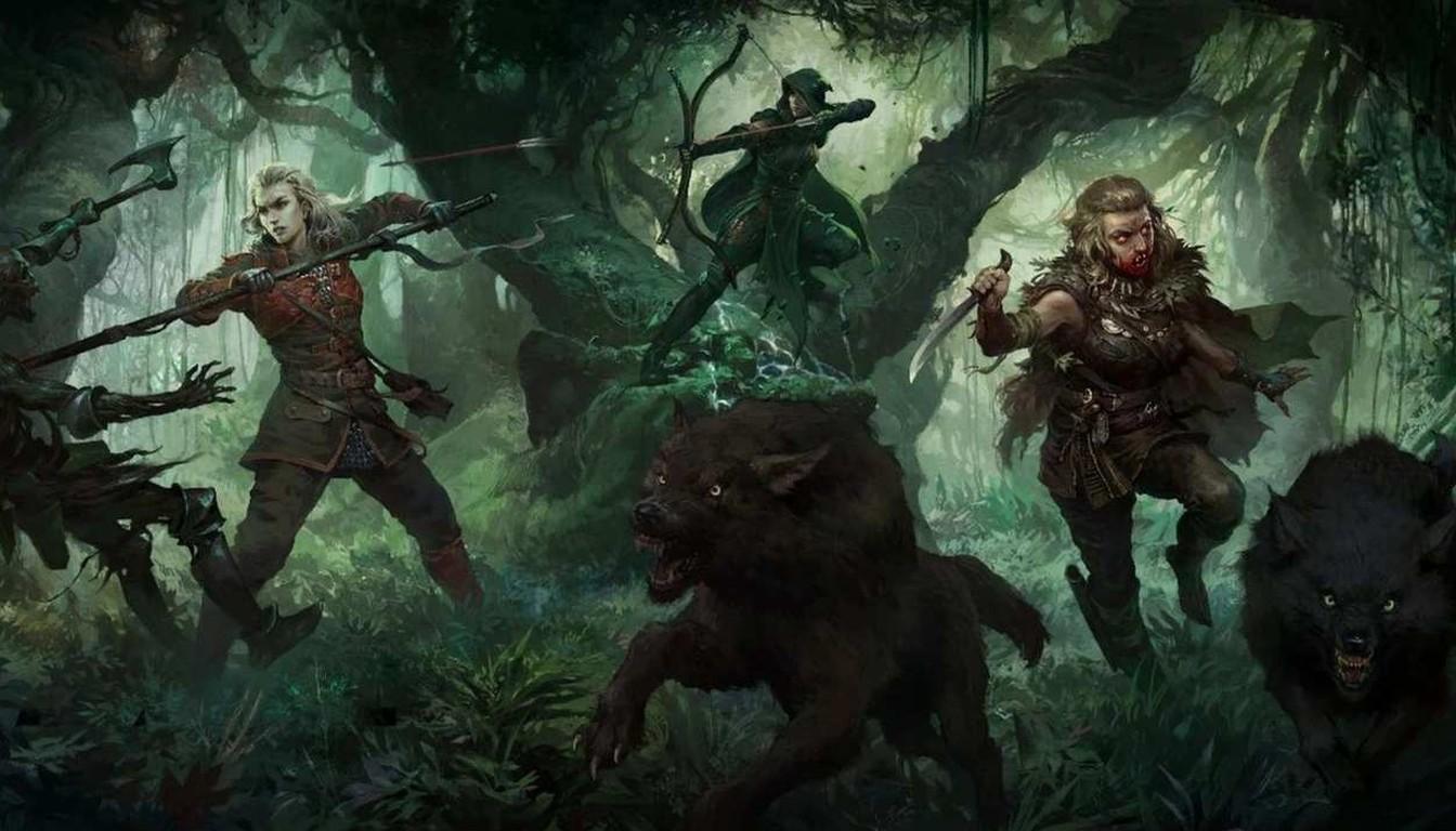 Spear and bow hunters charging through a forest beside huge wolves