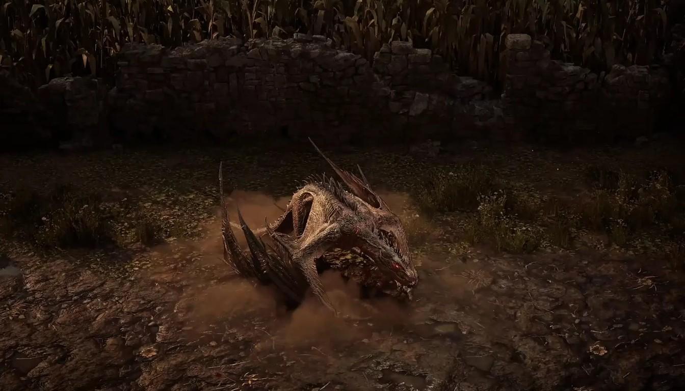 A wyvern crawling across churned earth in a dark valley