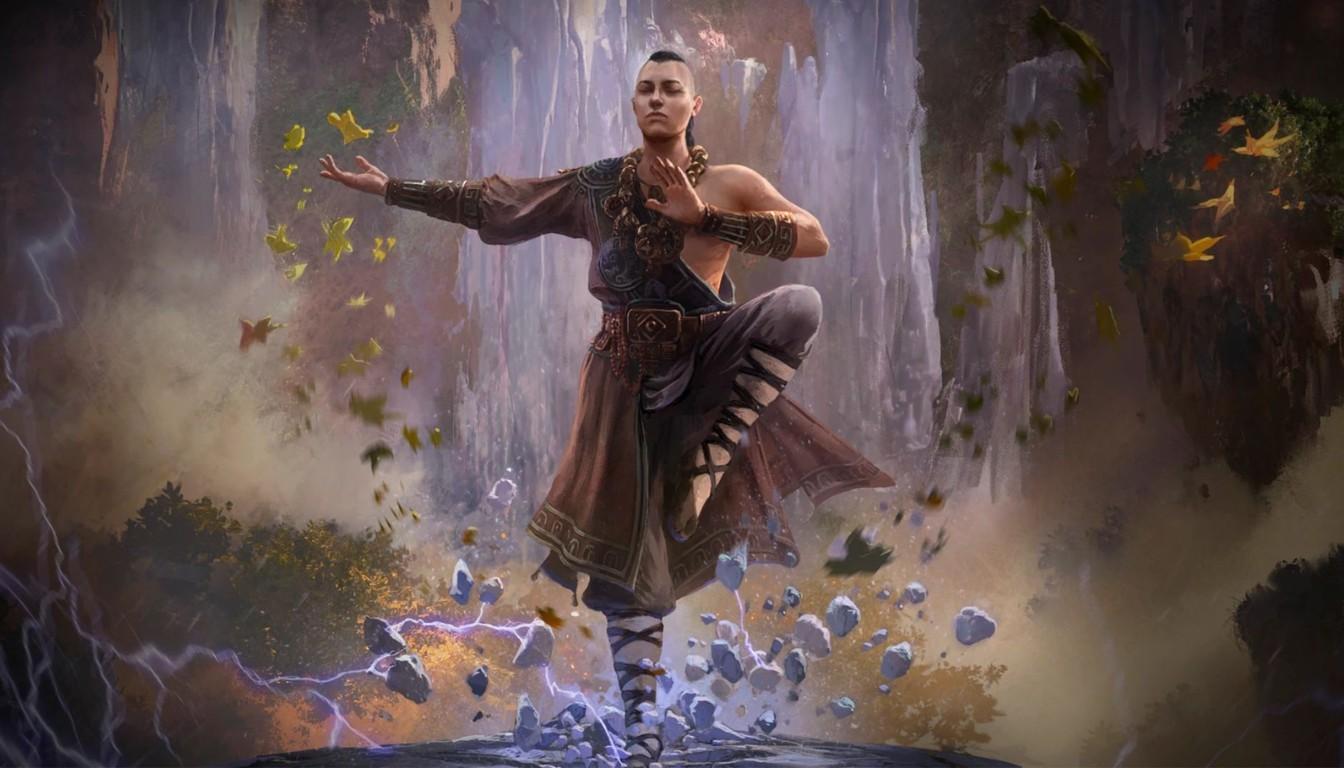 A Path of Exile 2 Monk in a martial stance amid flying stones and lightning