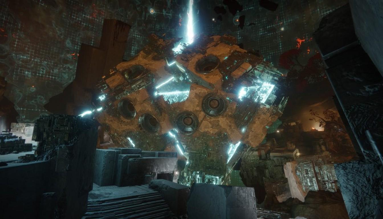 The Argos arena: a giant Vex structure with glowing rings above the platforms