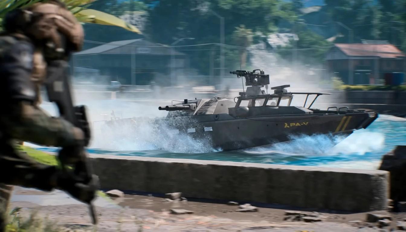 Armored boat at full speed beside a concrete quay with a soldier in the foreground