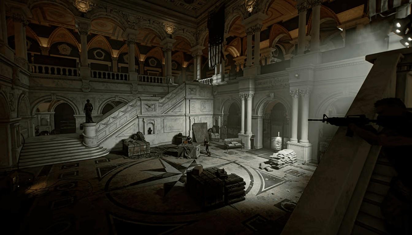 A grand hall with a staircase in a damaged building and cover on the floor