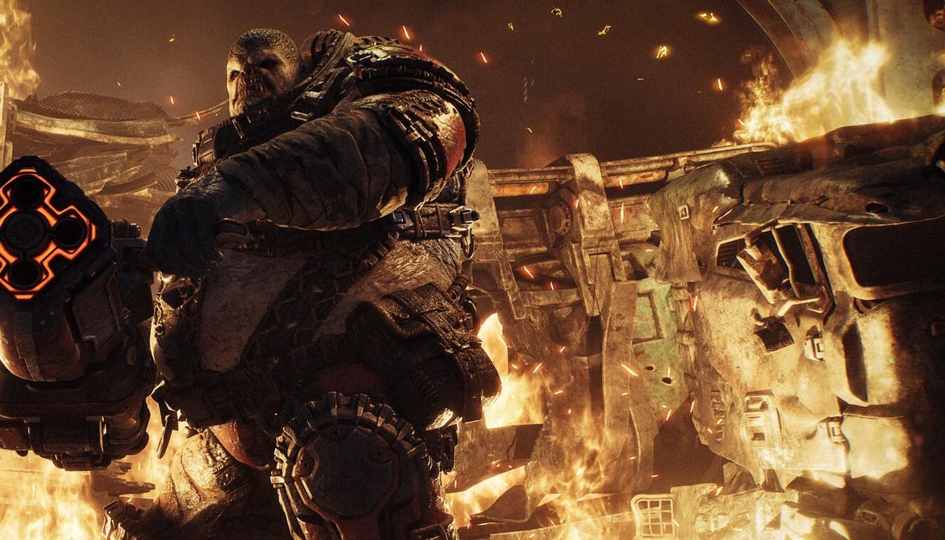 Массивный боец Locust с тяжёлым оружием посреди горящих обломков