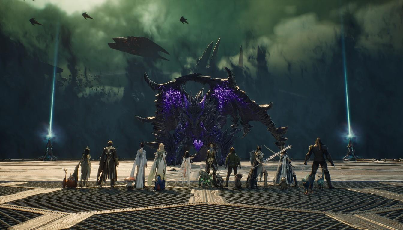 A raid party facing a huge purple boss