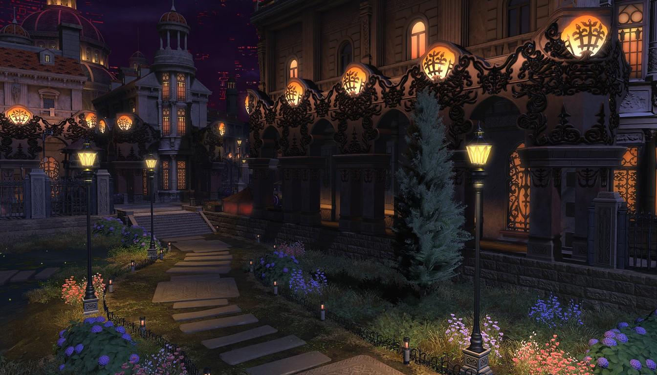 A lantern-lit night garden beside mansions in The Mistwake dungeon