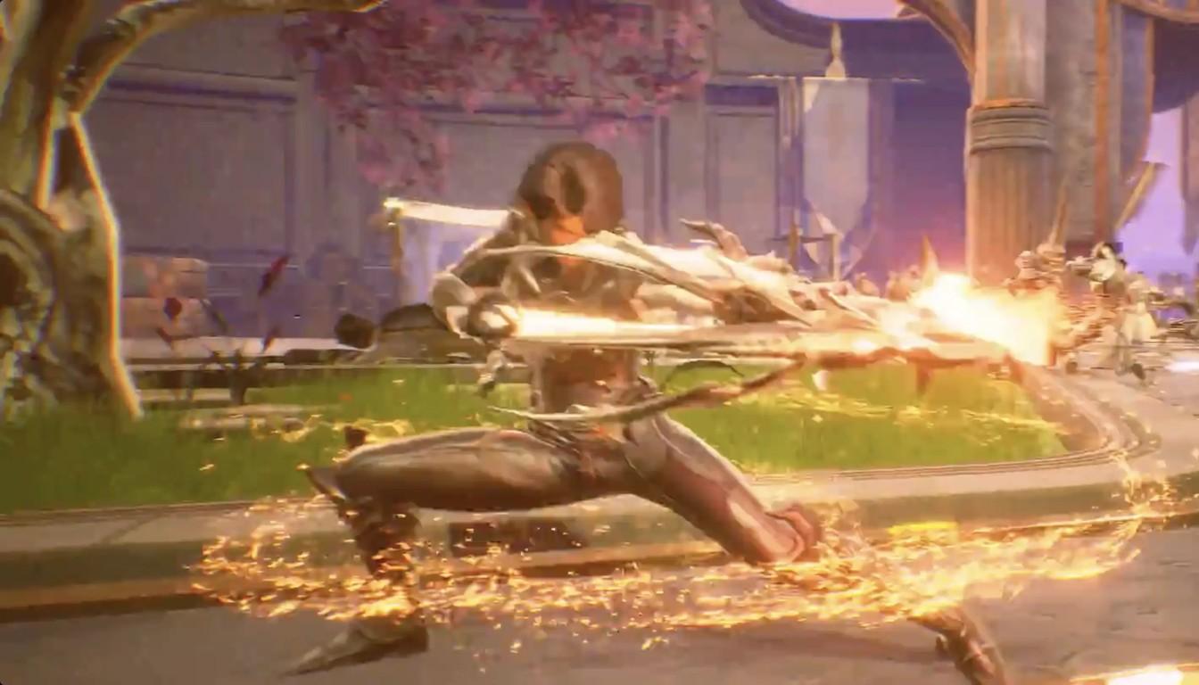 A warrior in armor with a blazing weapon in combat on a city square in AION 2