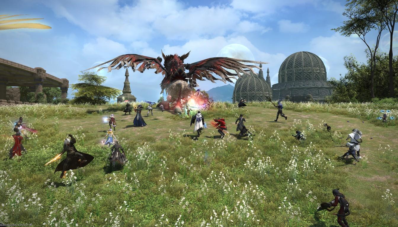 Игроки сражаются с крылатым монстром на травянистой равнине Occult Crescent
