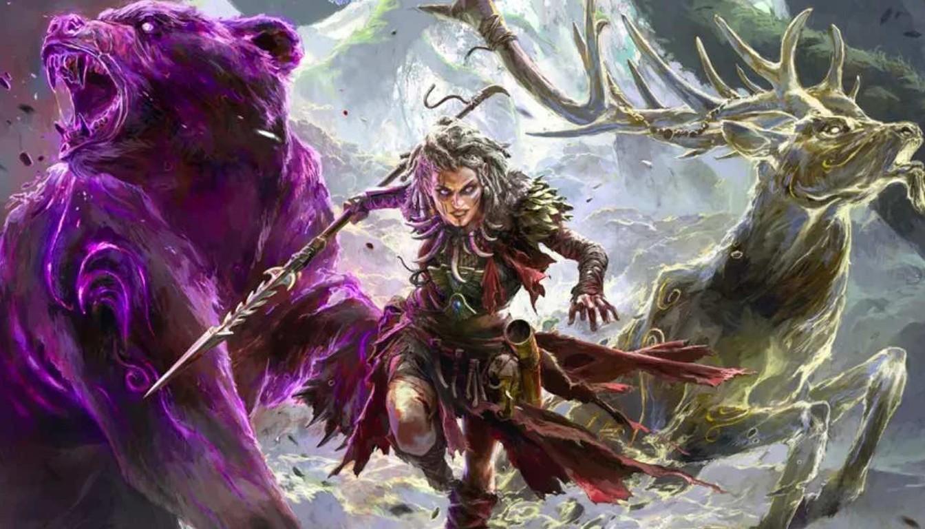 Druid with a purple bear and a spirit stag in a snowy clearing