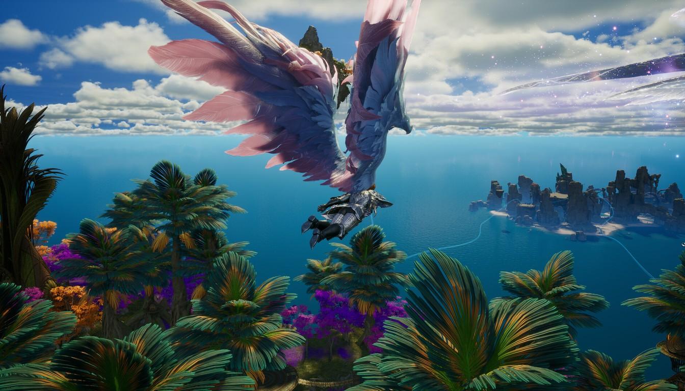 Winged rider flying above islands and a tropical sea