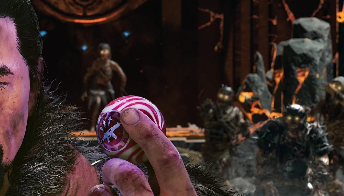 A survivor holding a glowing artifact with a zombie horde behind in a fiery stone hall