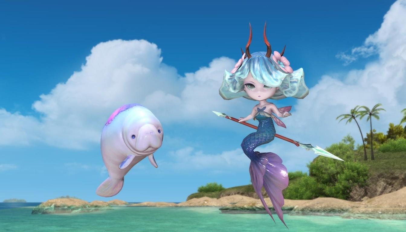 A mermaid with a spear and a pink manatee on a tropical shore