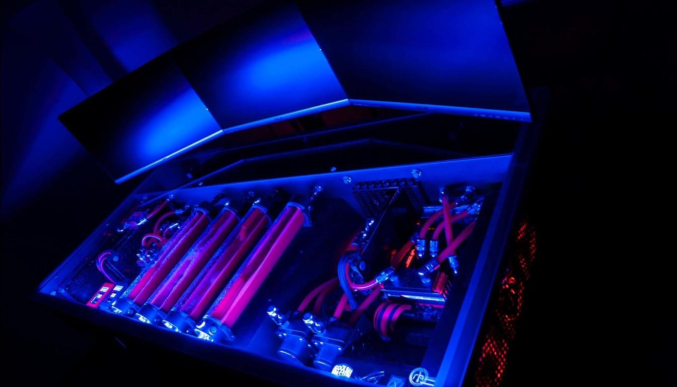 PC case with lit-up graphics card behind glass