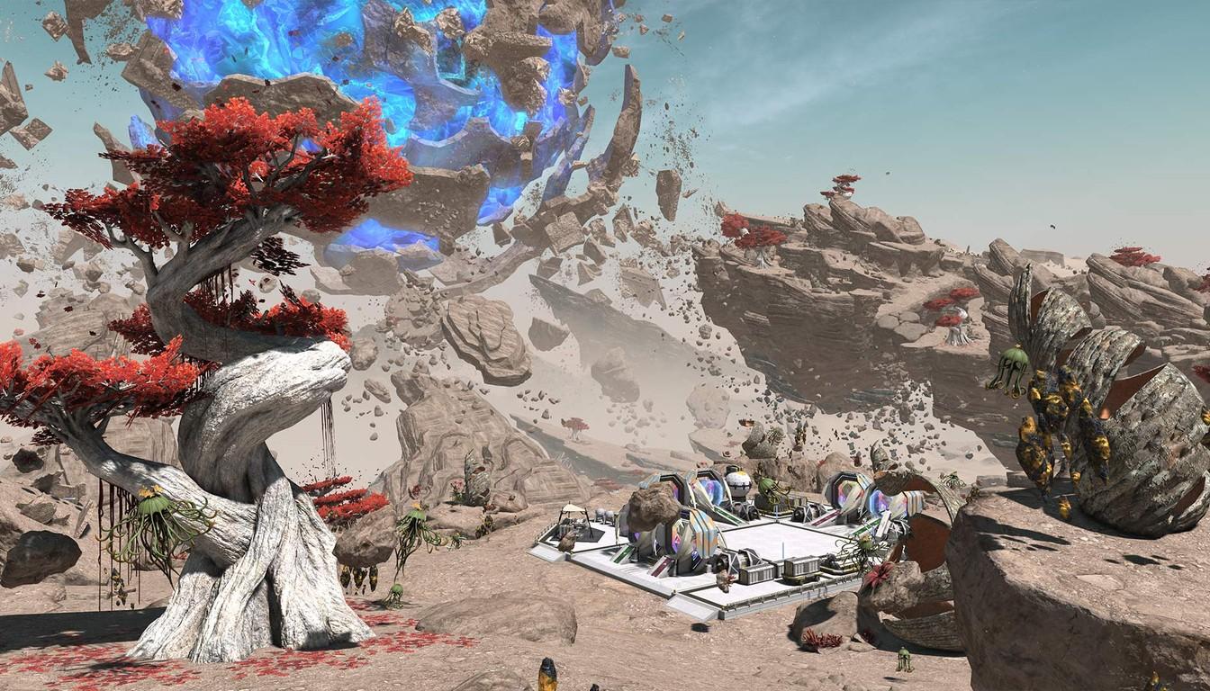 The rocky landscape of Oizys with a red tree and floating rock debris