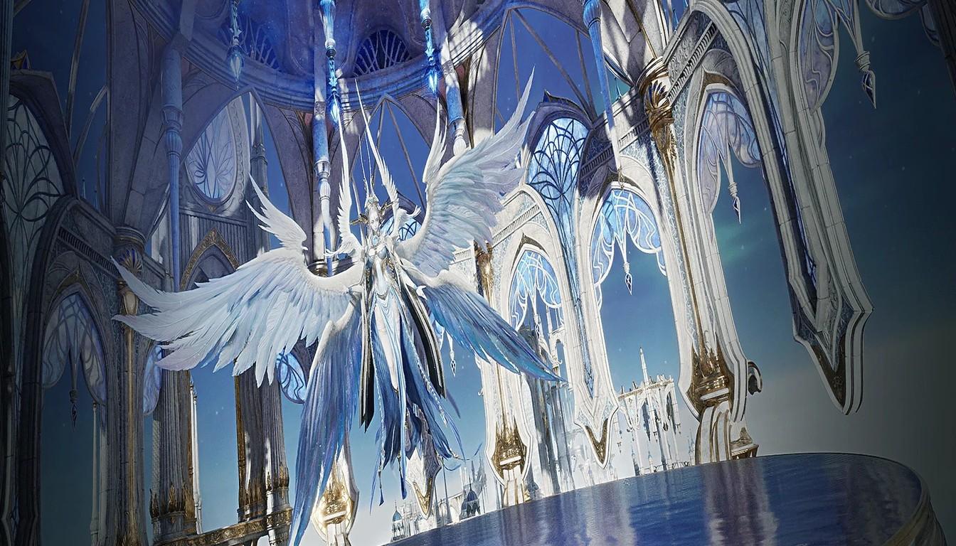 A winged boss in the glowing cathedral hall of Shattered Arkanis