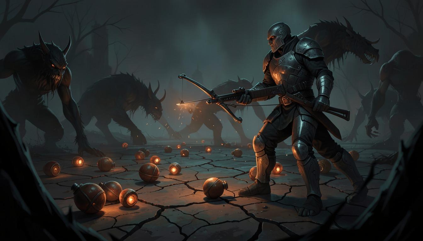 An armored mercenary about to shoot at a scatter of grenades on the battlefield