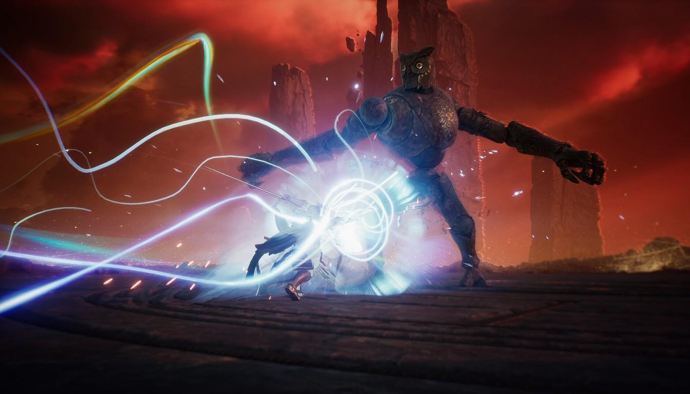 A huge enemy under a red sky and a burst of magic in an AION 2 battle