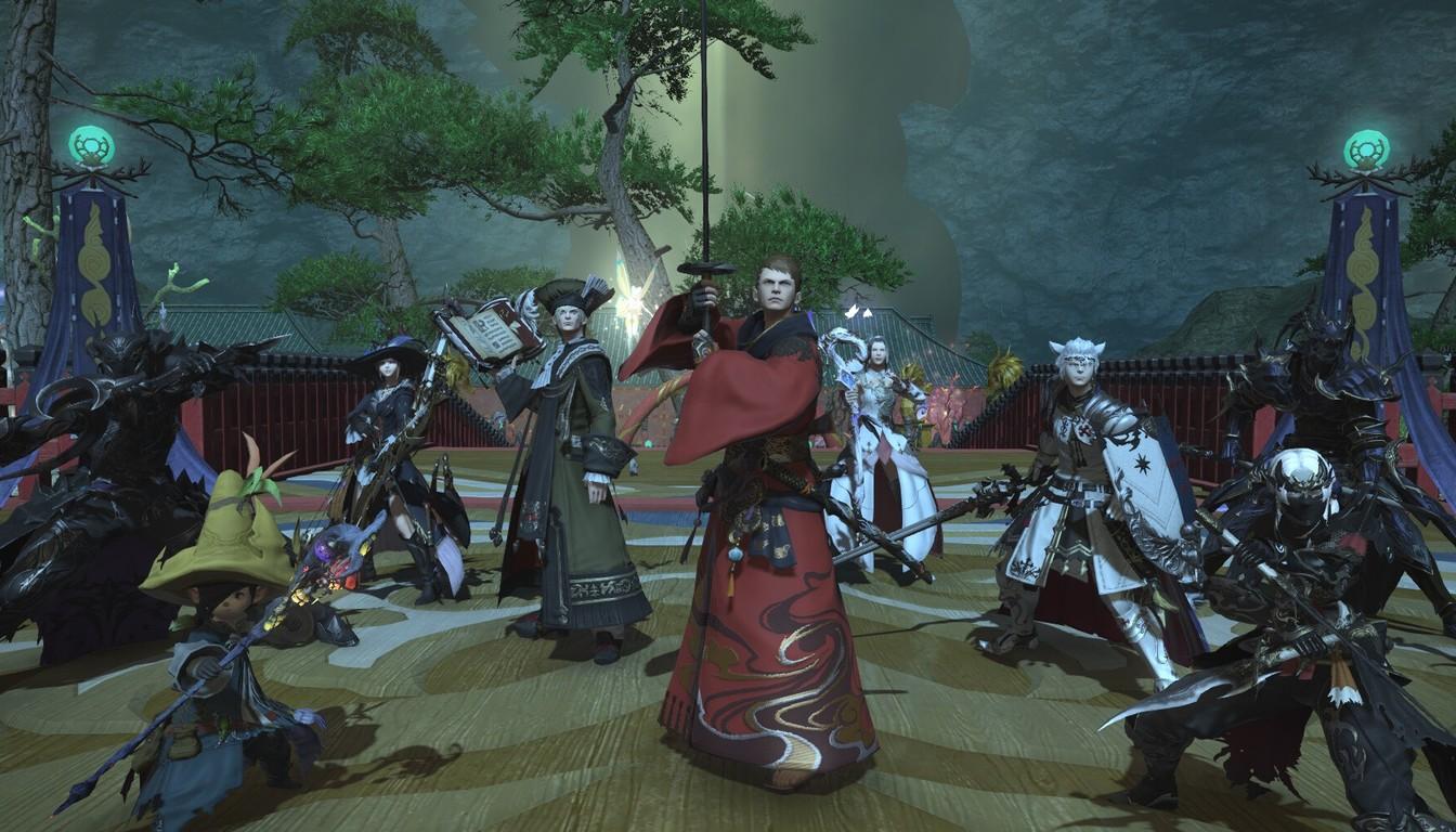 A group of characters in varied battle gear on an arena