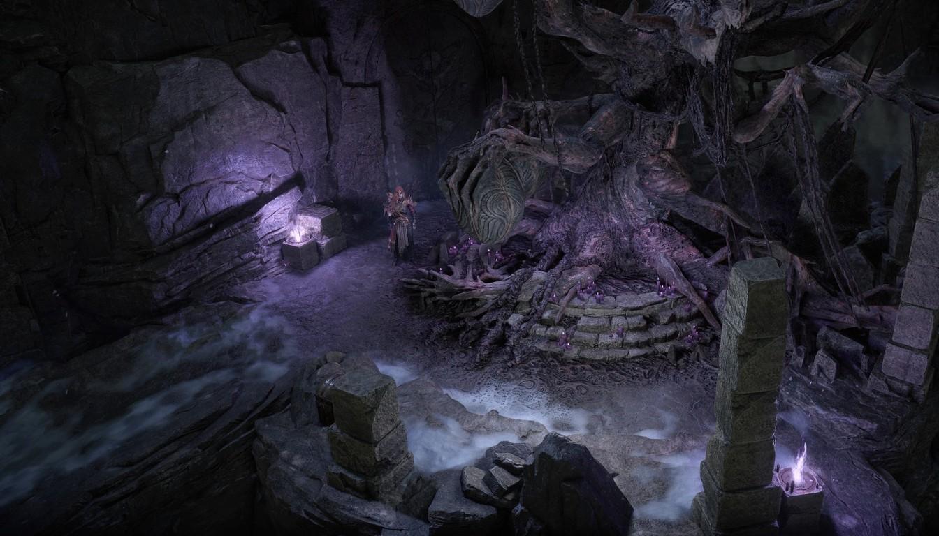 Dark cavern with an ancient purple tree and stone ruins