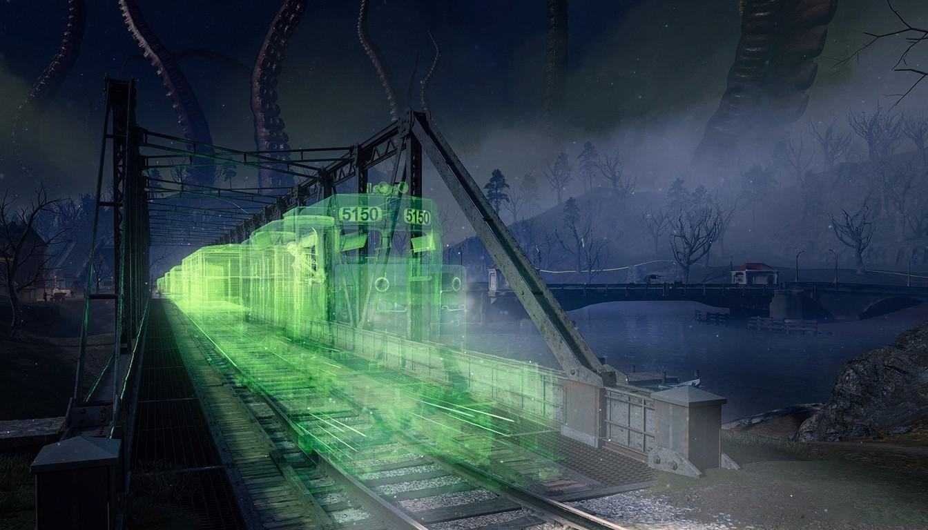 A glowing green ghost train on a bridge in the fog