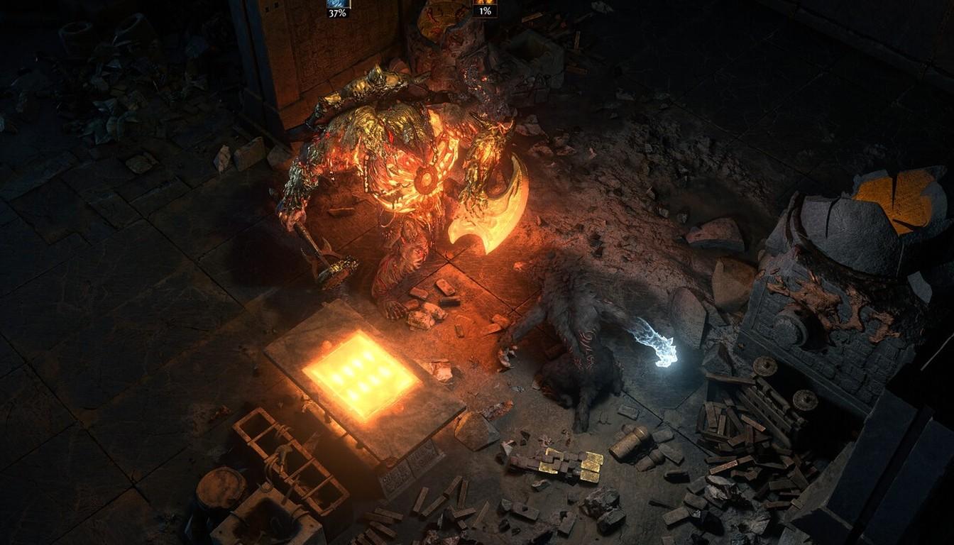 A glowing forge and smithing tools in a dark workshop