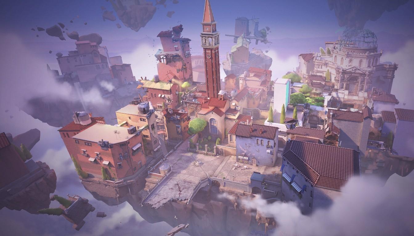 Aerial view of the Ascent map with rooftops and a clock tower among the clouds
