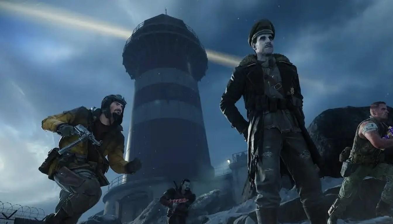 Players by the lighthouse on the snowy Totenreich island with a zombie officer nearby