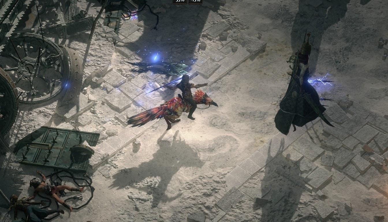 Huntress fighting monsters with blood splashes on a stone plaza