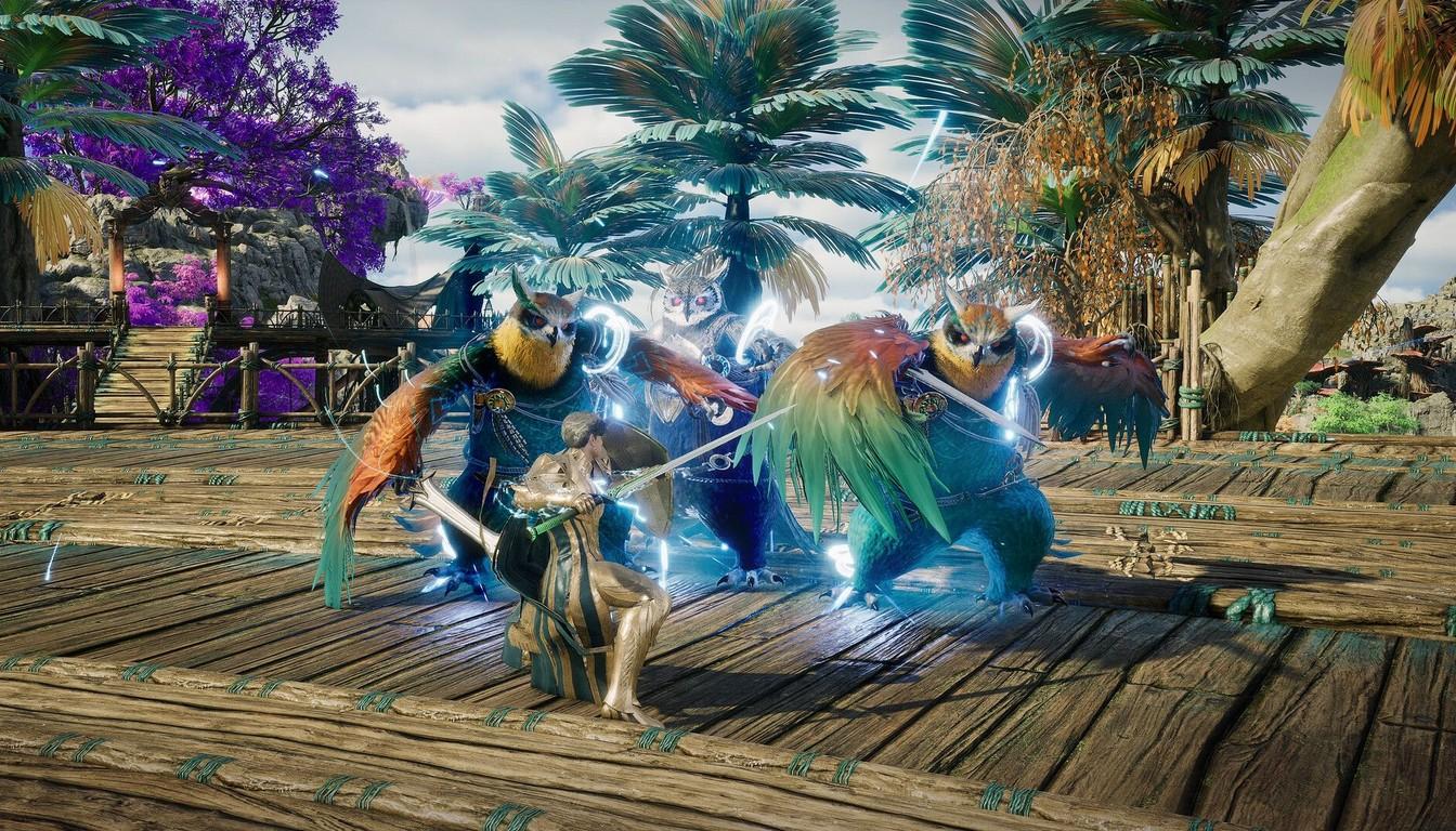 A warrior fighting colorful bird-like monsters on a wooden platform in Aion 2