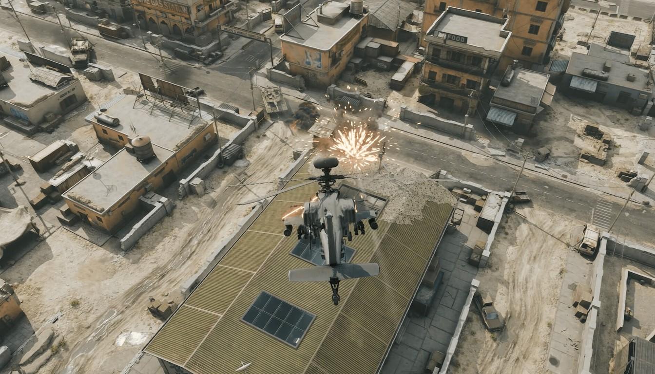 Aerial view of an attack helicopter over a city rooftop
