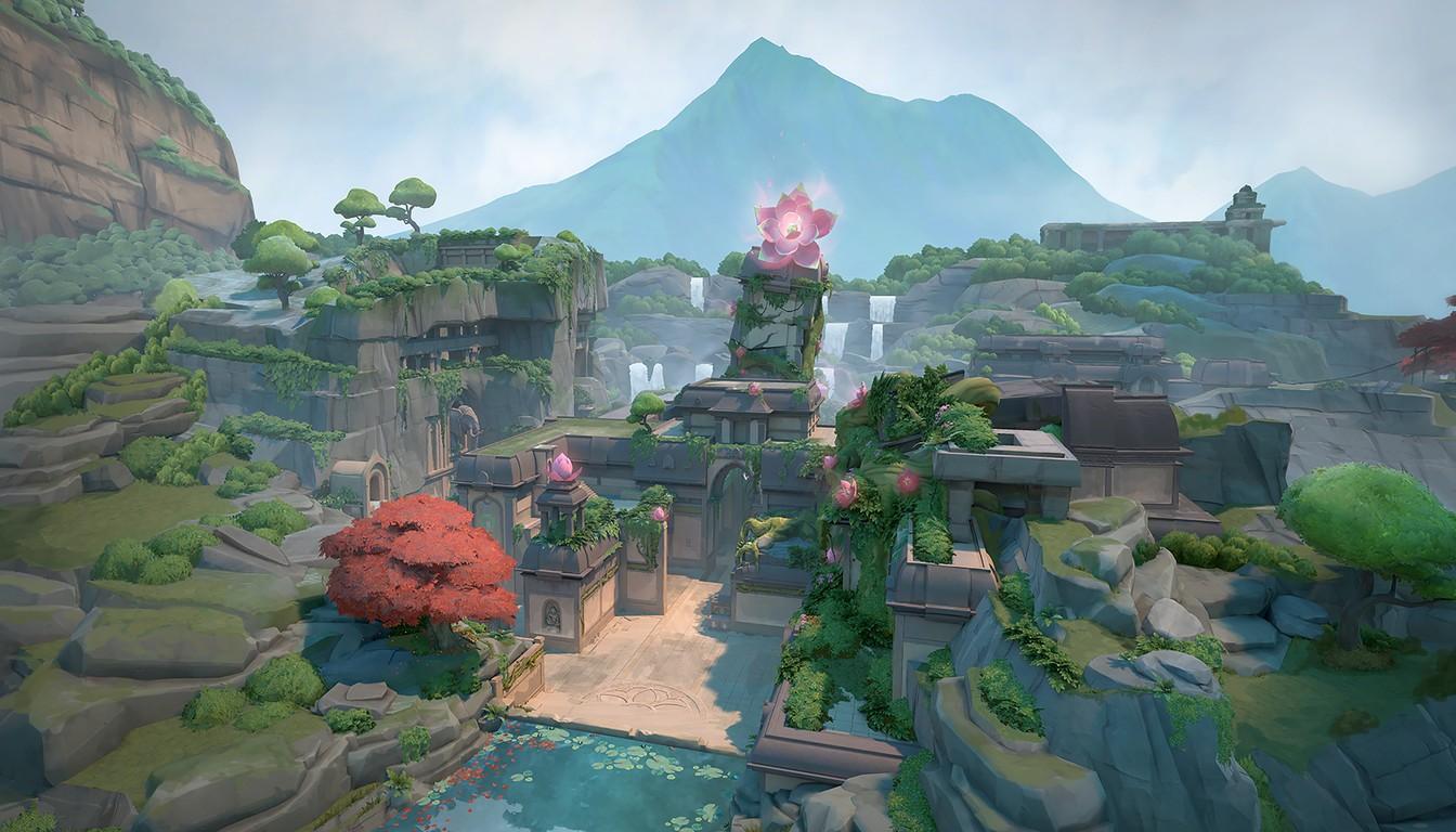 The Lotus map with stone passages and long sightlines between green cliffs