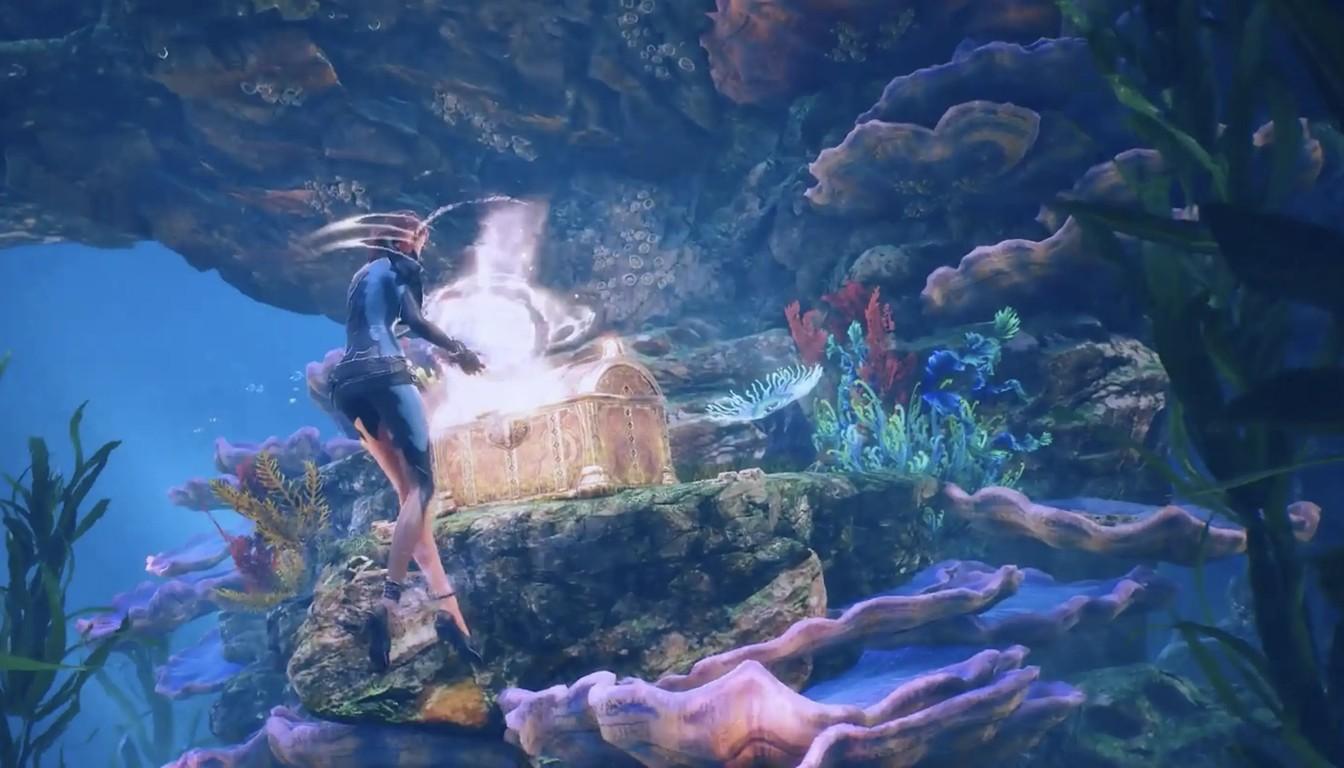 A hero harvesting from a glowing node among corals underwater in AION 2