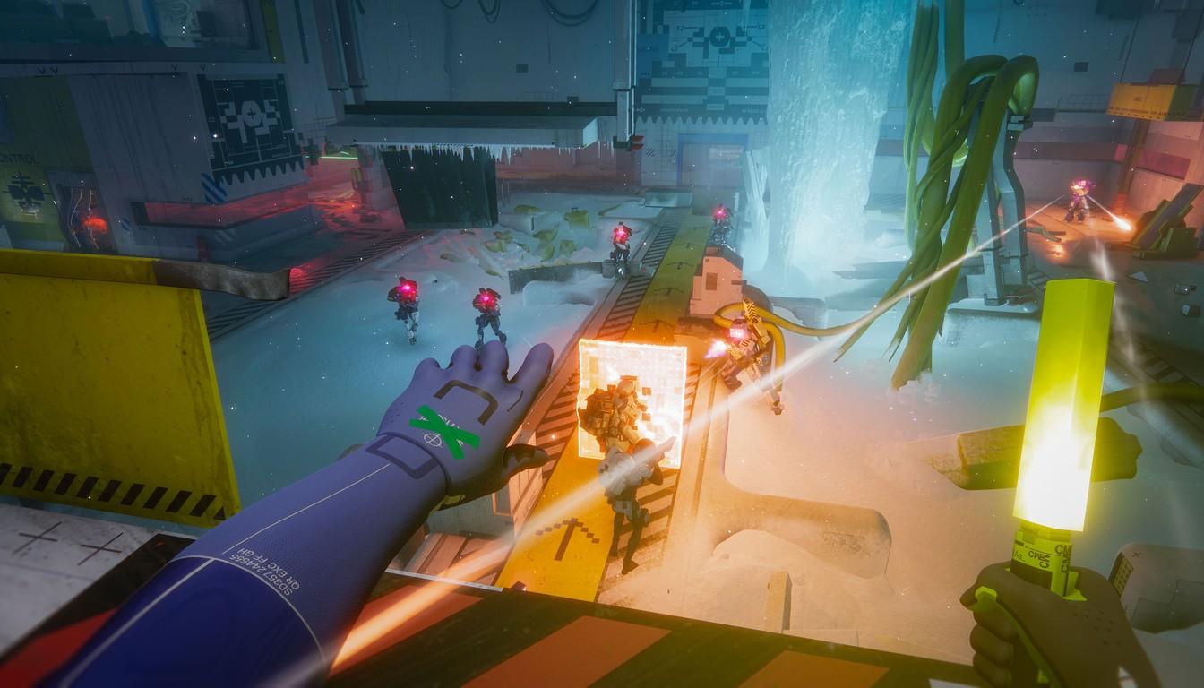 A first-person fighter holding a glow stick as a muzzle flash lights up a Cryo Archive hall