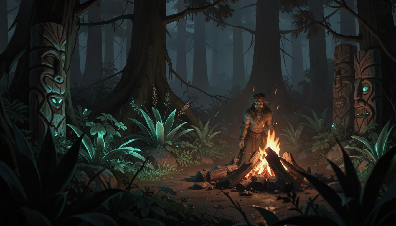 A druid with plants and totems beside a campfire in a forest