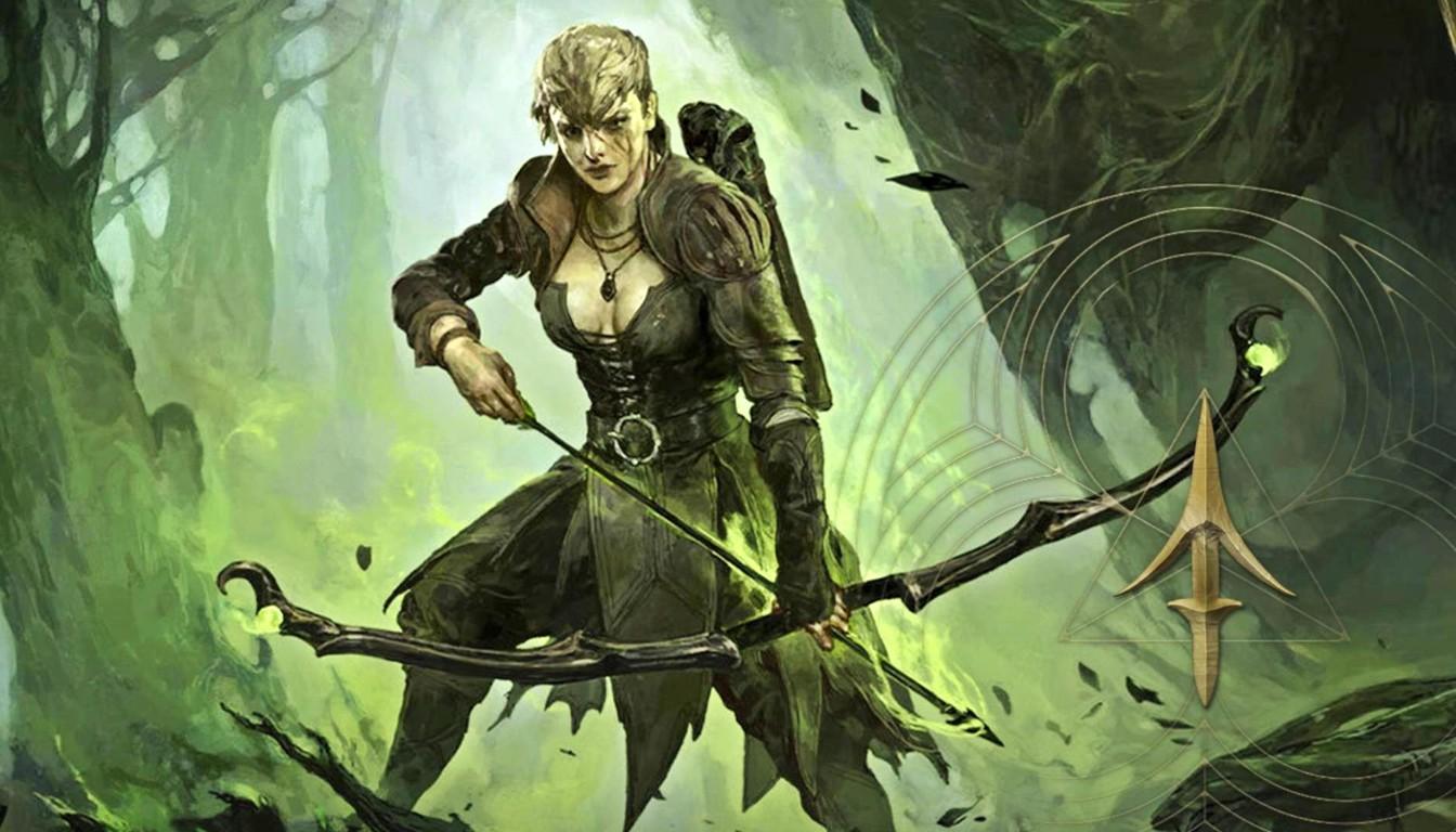 An archer in leather armor with a drawn bow against a green forest