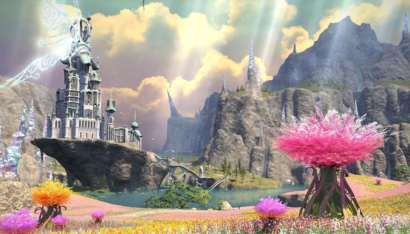 The blooming plains of Il Mheg with a pink tree and a castle on a rock