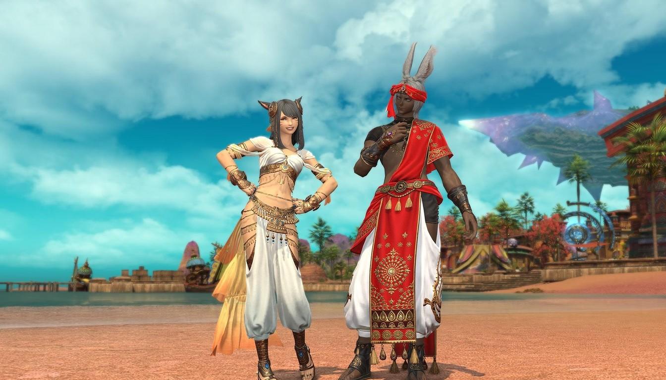 Two characters in new Arabian-style outfits on a beach