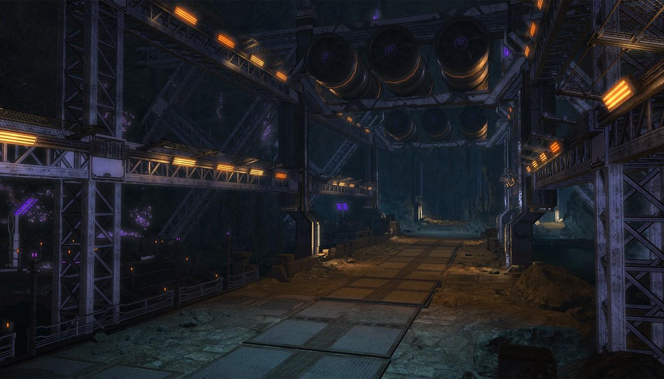 Dark factory corridor with metal trusses and warm lights