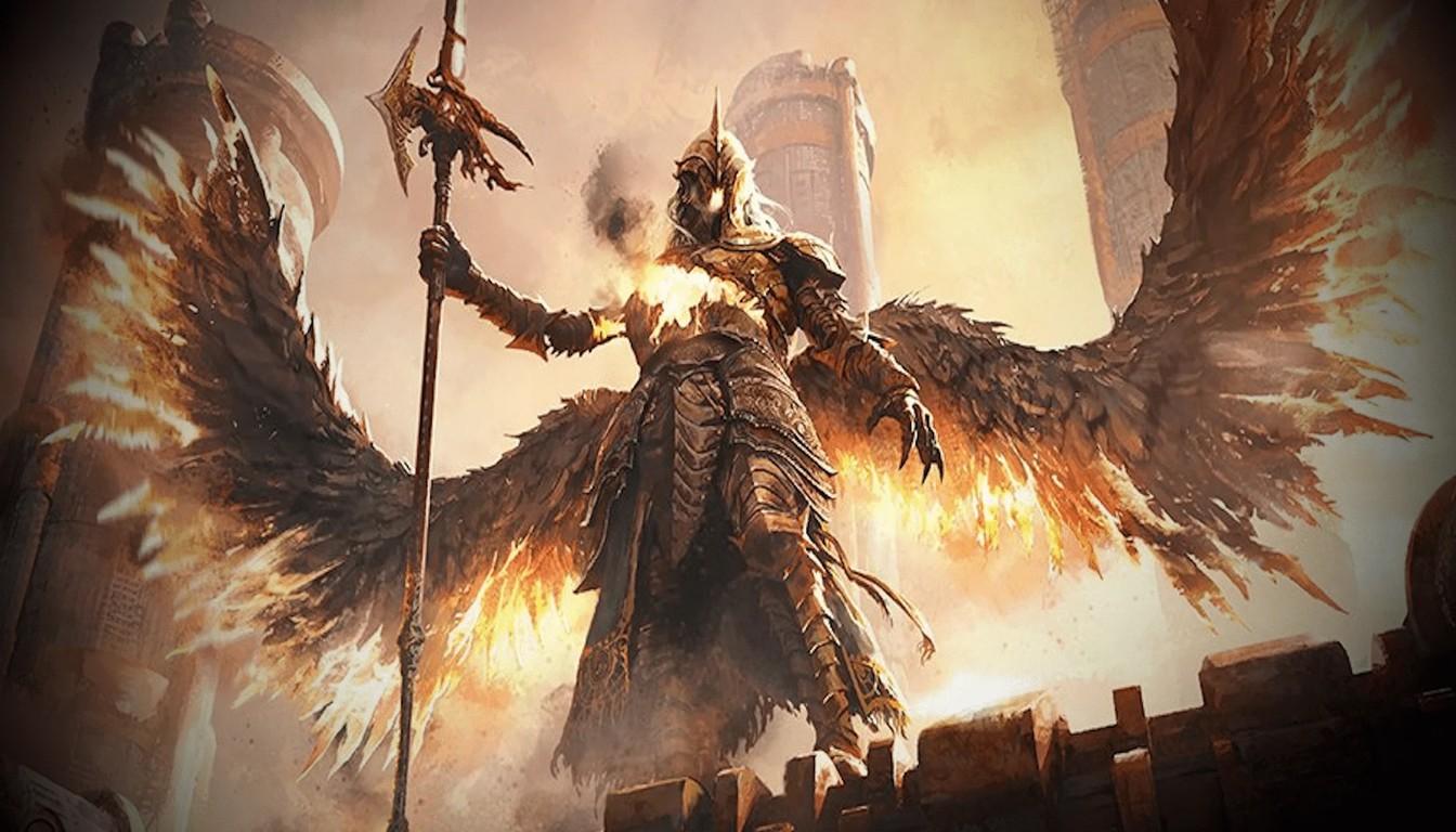 Winged Atziri with a spear in a fiery glow