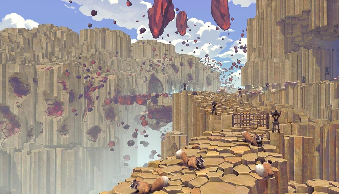 A stone path of hexagonal columns above a cliff with floating rocks