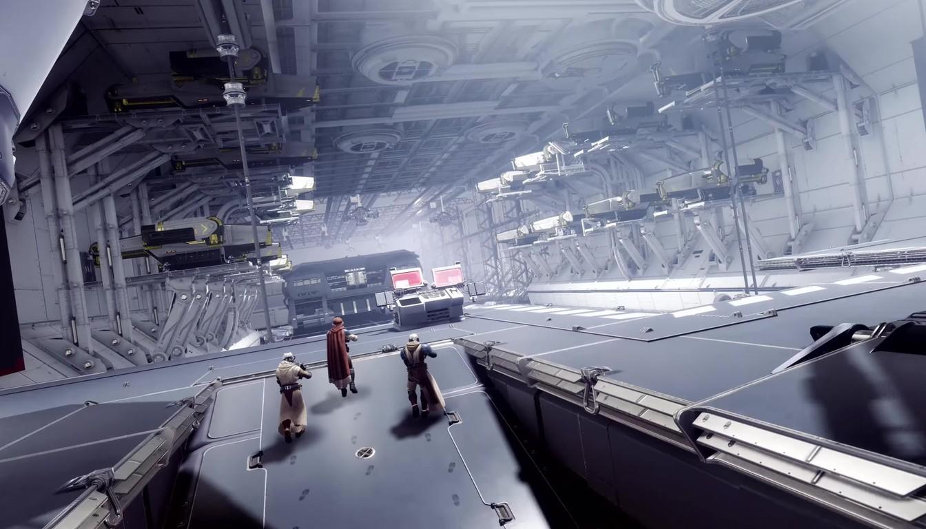A vast ship hangar with Guardians in the Equilibrium dungeon