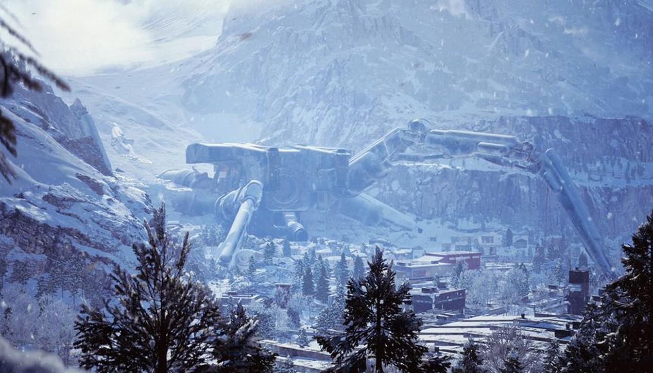 Snowy mountain valley of Pendola Pass with pine trees and the fallen Emperor