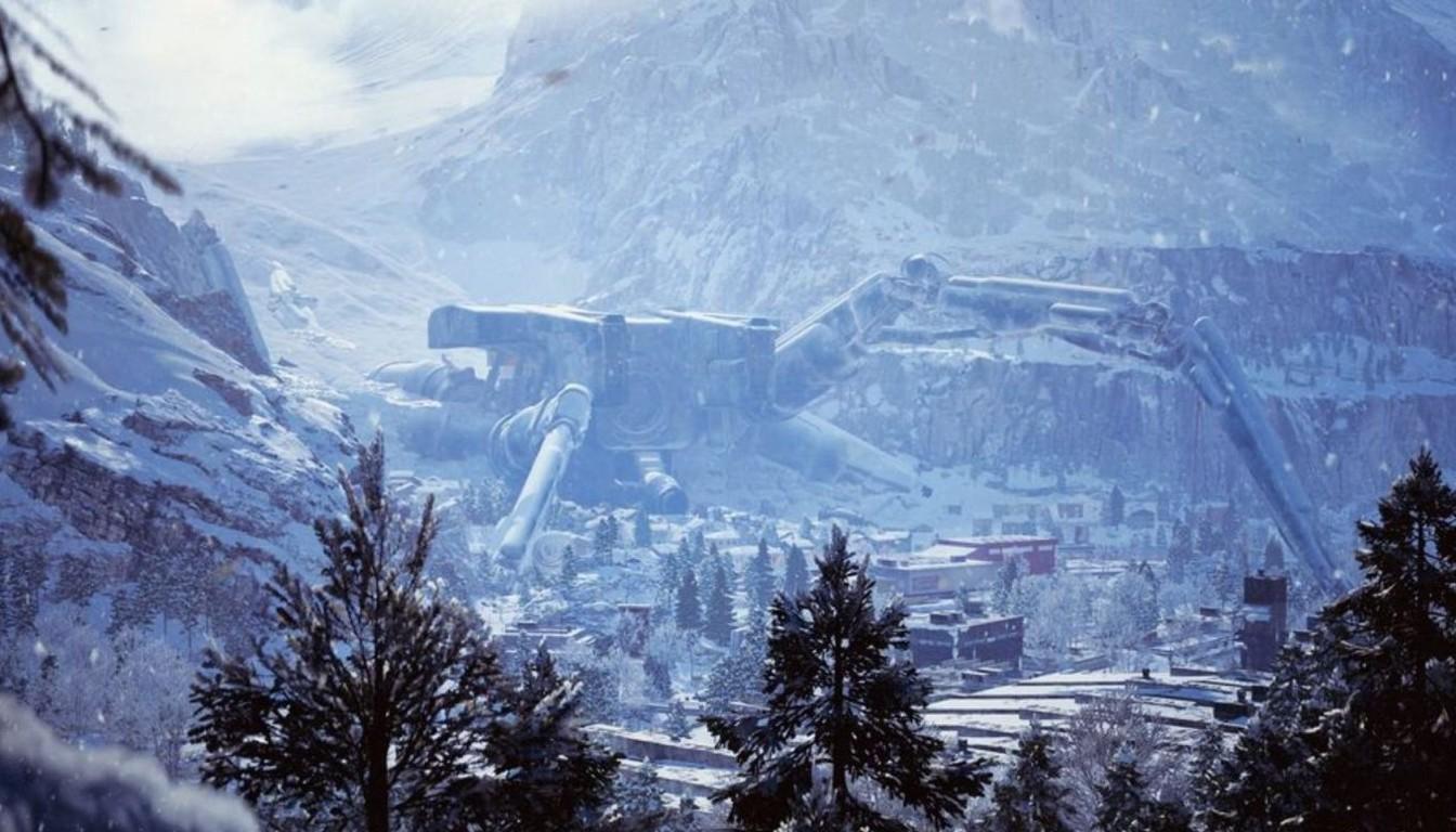 A snowy valley with huge wreckage on the mountainside