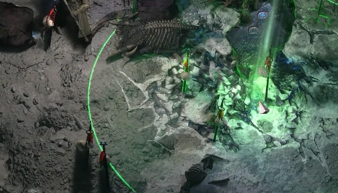 A green effect circle on the ground beside a skeleton and rune banners