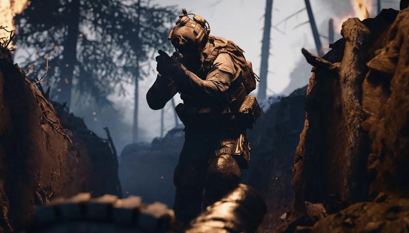 Боец с винтовкой целится из окопа, вид из-за земляного бруствера в Modern Warfare 4