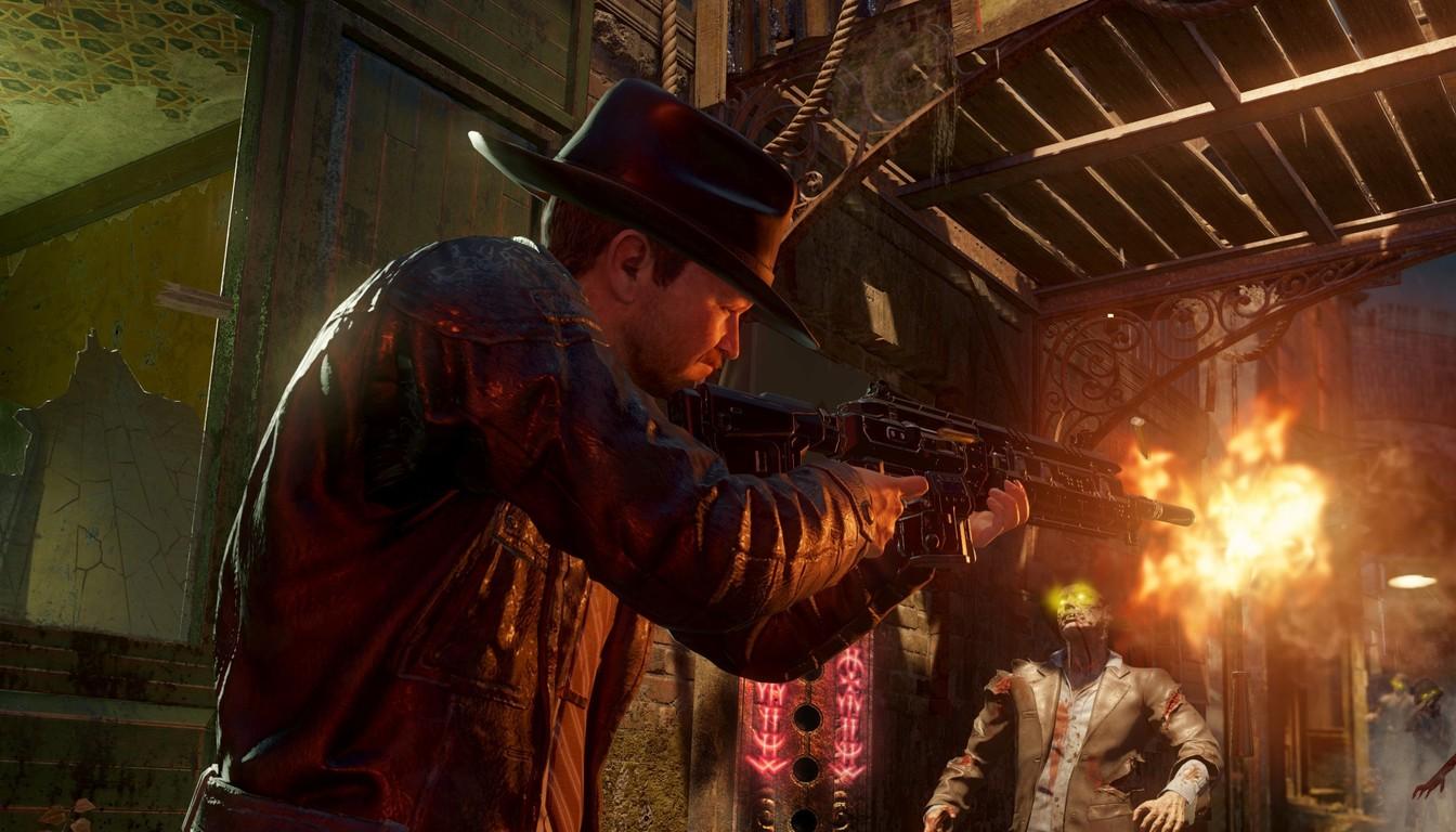 Gunman in a fedora shooting zombies on a dark street
