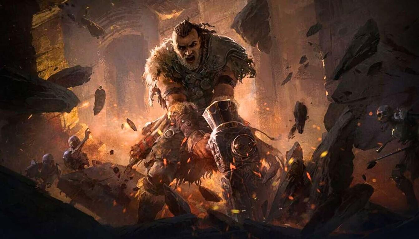 A Path of Exile 2 Warrior in heavy armour amid flying rubble