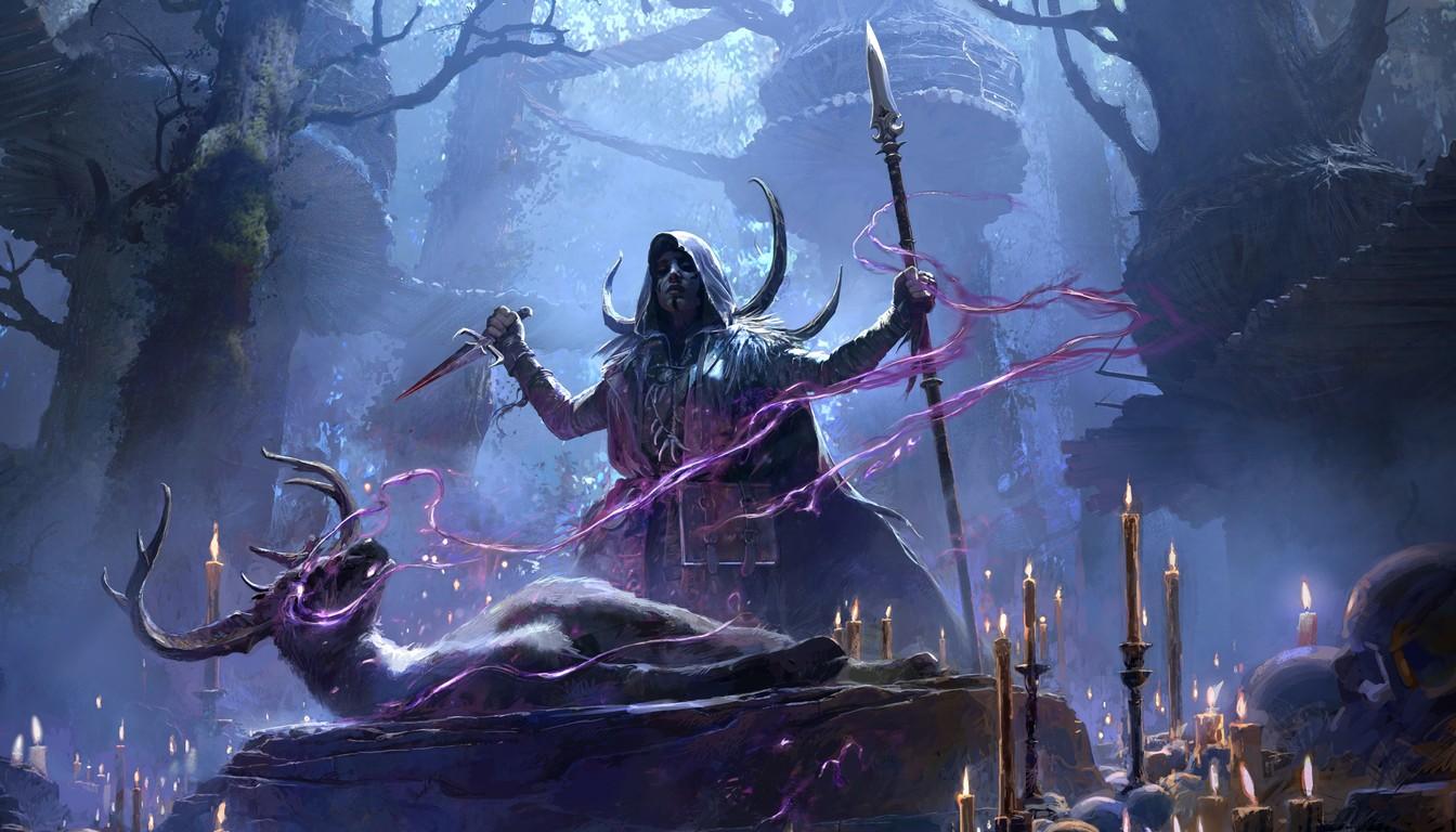 Shaman huntress with a staff amid swirling spectral wisps and candles